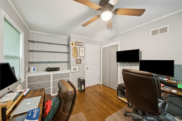 5718 E 27th St, Tulsa, OK 74114 - home office featuring ceiling fan, wood finished floors, and crown molding