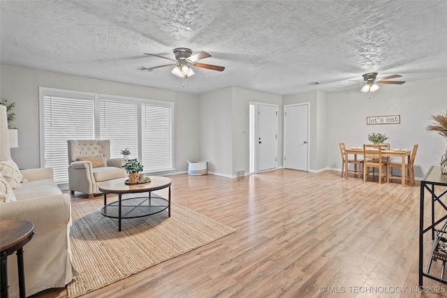 1015 NW Maxwell, Ardmore, OK 73401 - living room featuring ceiling fan, light wood-style flooring, and a textured ceiling