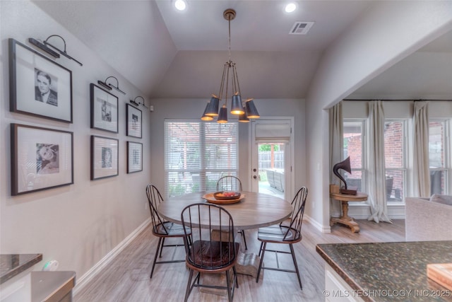 7349 E 119th Pl S, Bixby, OK 74008 - dining room featuring a chandelier, light wood finished floors, vaulted ceiling, and recessed lighting