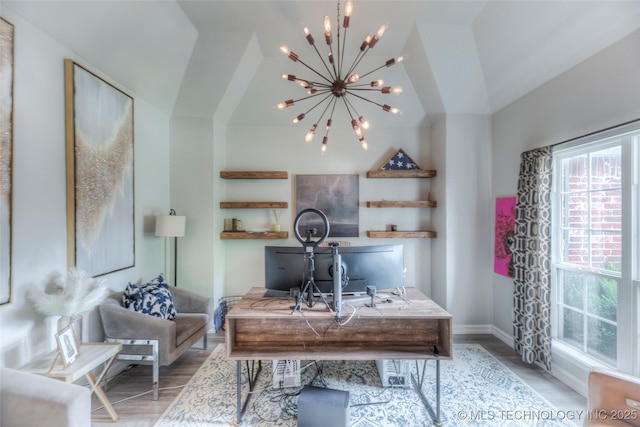 7349 E 119th Pl S, Bixby, OK 74008 - office space featuring a chandelier, wood finished floors, and vaulted ceiling