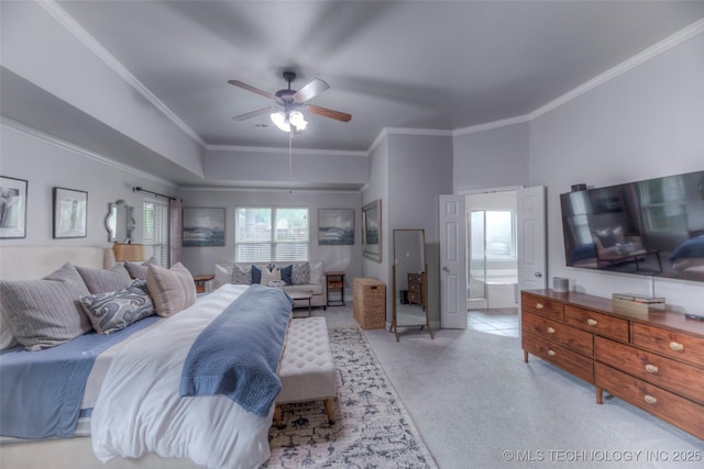 7349 E 119th Pl S, Bixby, OK 74008 - carpeted bedroom featuring ornamental molding, ensuite bathroom, and a ceiling fan
