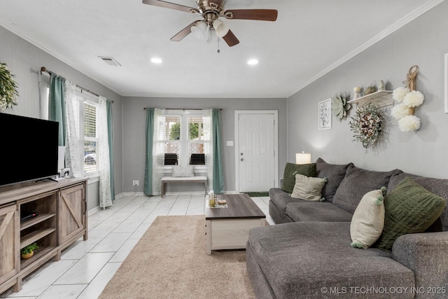 4844 S 30th Ave W, Tulsa, OK 74107 - living room with ornamental molding, a ceiling fan, and recessed lighting