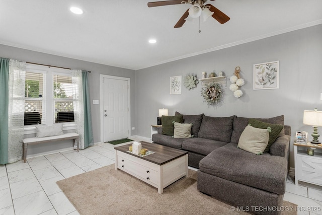 4844 S 30th Ave W, Tulsa, OK 74107 - living room with light marble finish floors, a ceiling fan, recessed lighting, and ornamental molding