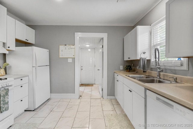 4844 S 30th Ave W, Tulsa, OK 74107 - kitchen with white appliances, light marble finish floors, white cabinets, crown molding, and light countertops