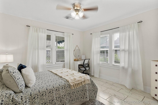 4844 S 30th Ave W, Tulsa, OK 74107 - bedroom featuring light marble finish floors, crown molding, and a ceiling fan