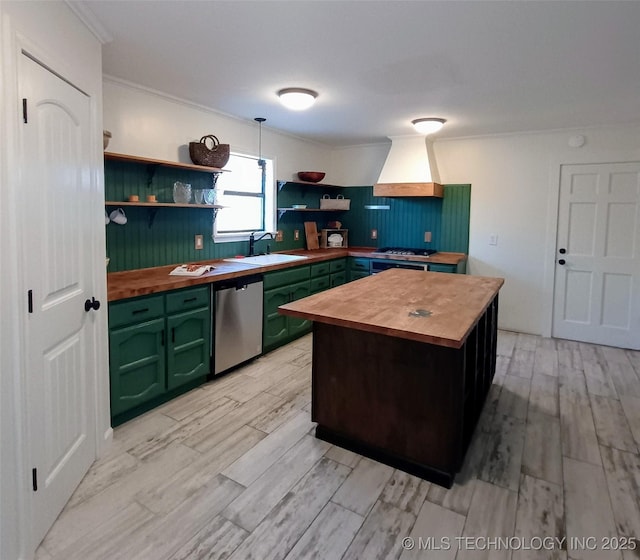 804 W Glendale St, Broken Arrow, OK 74011 - kitchen with butcher block counters, green cabinets, stainless steel dishwasher, open shelves, and custom range hood