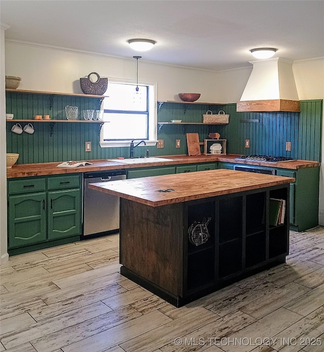 804 W Glendale St, Broken Arrow, OK 74011 - kitchen with butcher block countertops, open shelves, appliances with stainless steel finishes, green cabinets, and crown molding