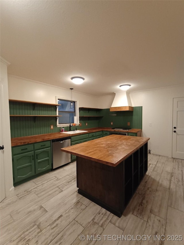 804 W Glendale St, Broken Arrow, OK 74011 - kitchen featuring wooden counters, stainless steel dishwasher, open shelves, and green cabinets