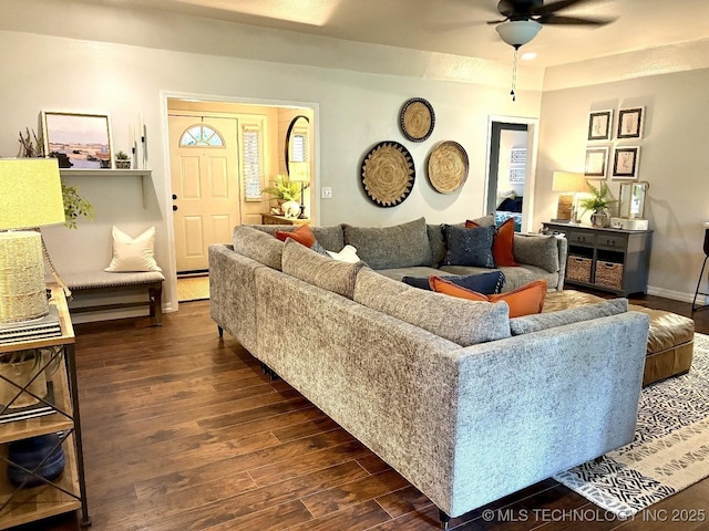 417292 E 1145th Rd, Eufaula, OK 74432 - living room with ceiling fan and dark wood finished floors