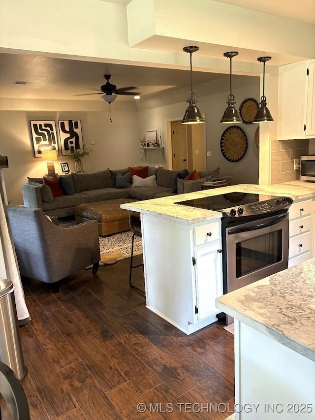 417292 E 1145th Rd, Eufaula, OK 74432 - kitchen with appliances with stainless steel finishes, dark wood finished floors, white cabinetry, and a ceiling fan