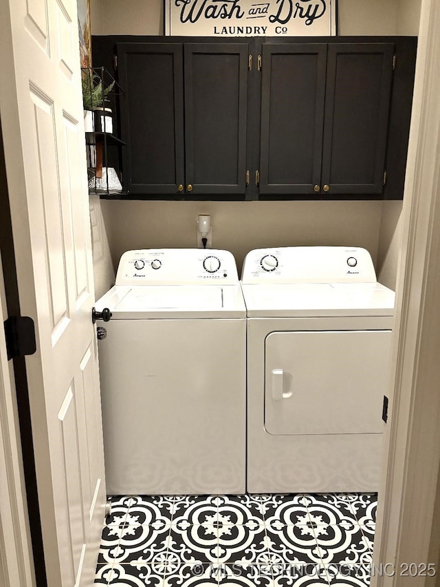 417292 E 1145th Rd, Eufaula, OK 74432 - laundry area with cabinet space, washing machine and clothes dryer, and tile patterned flooring