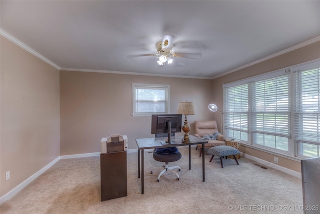 8109 E 31st Pl, Tulsa, OK 74145 - office with ornamental molding, ceiling fan, and light colored carpet