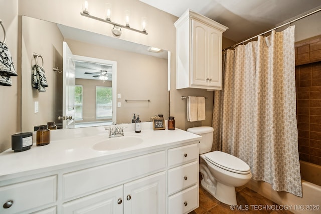 106 E 21st St, Owasso, OK 74055 - full bathroom with vanity, ceiling fan, and shower / bath combination with curtain