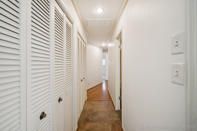 1234 S 101st E Ave, Tulsa, OK 74128 - corridor featuring crown molding, dark stone finish floors, and recessed lighting