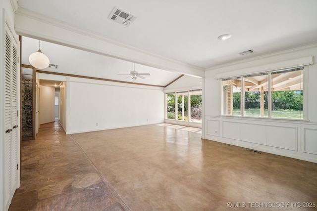 1234 S 101st E Ave, Tulsa, OK 74128 - unfurnished living room with crown molding, a ceiling fan, and finished concrete flooring