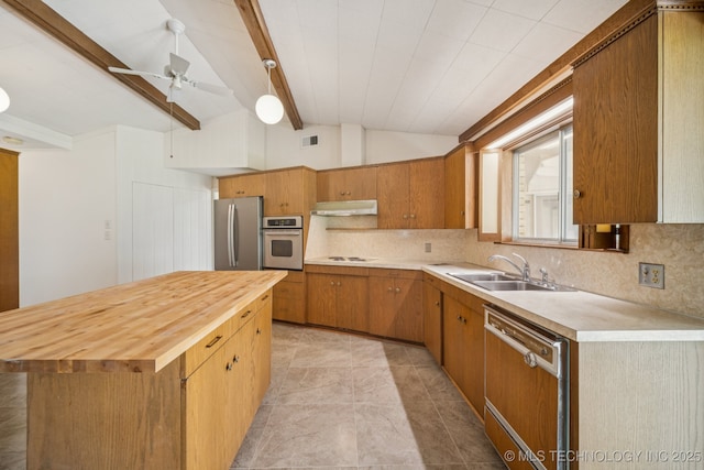 1234 S 101st E Ave, Tulsa, OK 74128 - kitchen with appliances with stainless steel finishes, under cabinet range hood, wood counters, tasteful backsplash, and ceiling fan