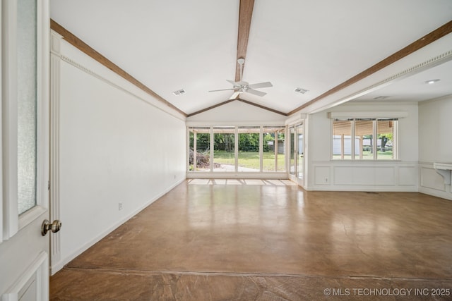1234 S 101st E Ave, Tulsa, OK 74128 - unfurnished living room featuring concrete floors, ceiling fan, a decorative wall, and a wainscoted wall