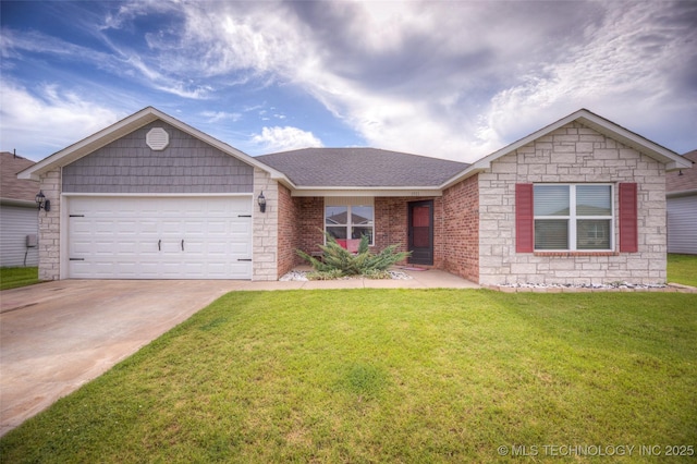 3711 S 151st E Ave, Tulsa, OK 74134 - ranch-style house with an attached garage, a front yard, concrete driveway, and roof with shingles