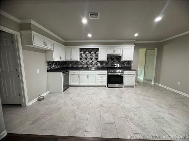1704 Town And Country Rd, Sand Springs, OK 74063 - kitchen with appliances with stainless steel finishes, dark countertops, ornamental molding, decorative backsplash, and white cabinets