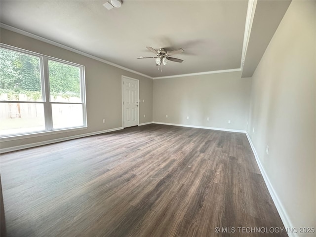1704 Town And Country Rd, Sand Springs, OK 74063 - empty room with a ceiling fan, dark wood-style floors, and ornamental molding