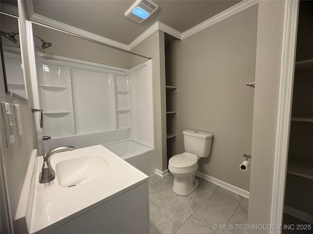 1704 Town And Country Rd, Sand Springs, OK 74063 - bathroom featuring crown molding,  shower combination, vanity, and marble finish floors