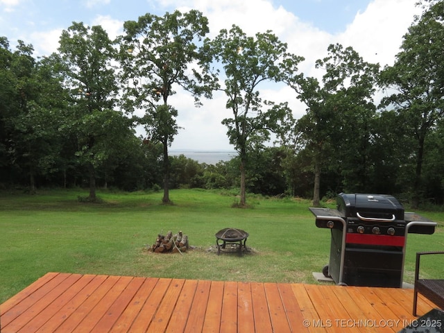 504 Blocker Rd, Mcalester, OK 74501 - wooden deck featuring a fire pit, grilling area, and a lawn