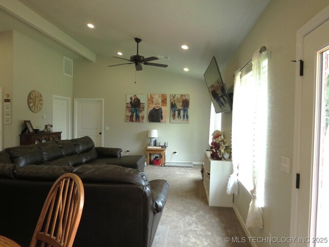 504 Blocker Rd, Mcalester, OK 74501 - living area with vaulted ceiling, a ceiling fan, light carpet, and recessed lighting