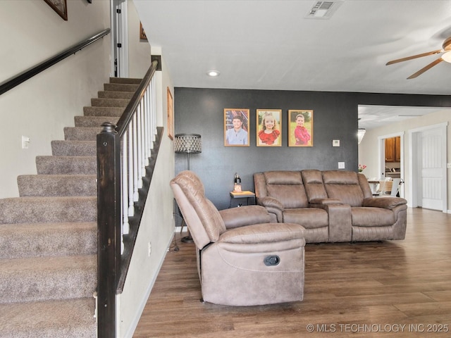 16145 Ew 255 Rd, Nowata, OK 74048 - living room with stairway, wood finished floors, recessed lighting, and ceiling fan