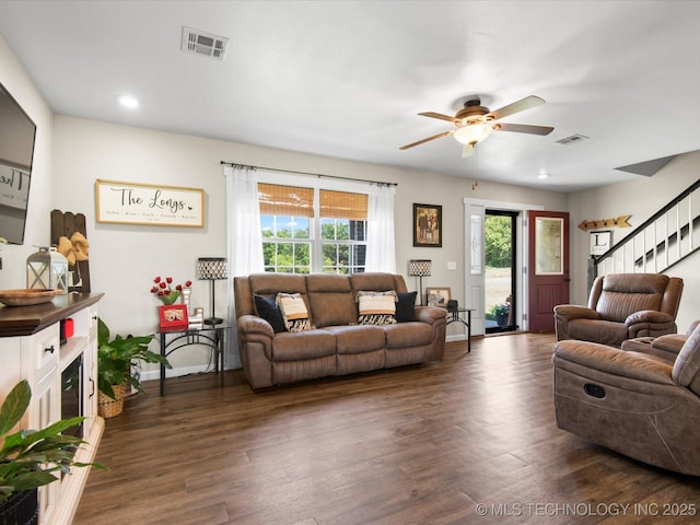 16145 Ew 255 Rd, Nowata, OK 74048 - living room featuring a ceiling fan, dark wood finished floors, stairway, and recessed lighting