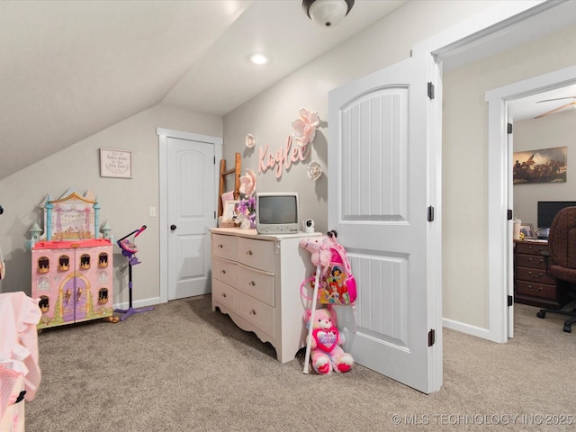16145 Ew 255 Rd, Nowata, OK 74048 - recreation room with light colored carpet, vaulted ceiling, a desk, and recessed lighting