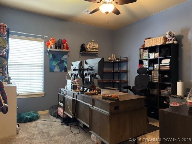 2511 E 138th St S, Bixby, OK 74008 - home office featuring ceiling fan, healthy amount of natural light, and carpet floors