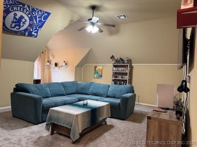 2511 E 138th St S, Bixby, OK 74008 - carpeted living area featuring ceiling fan and vaulted ceiling
