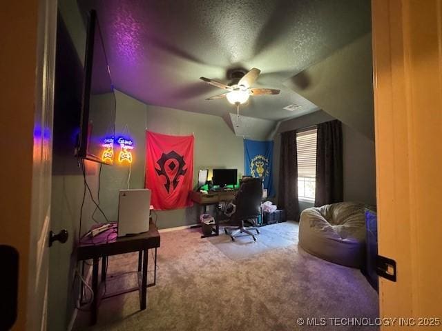 2511 E 138th St S, Bixby, OK 74008 - carpeted home office with ceiling fan, a textured ceiling, and lofted ceiling