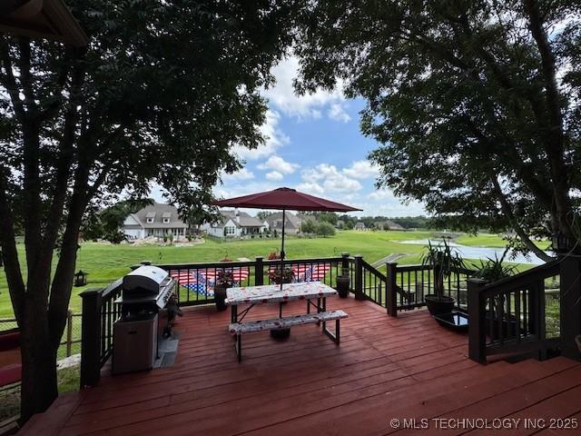 2511 E 138th St S, Bixby, OK 74008 - wooden deck featuring a lawn, golf course view, and grilling area