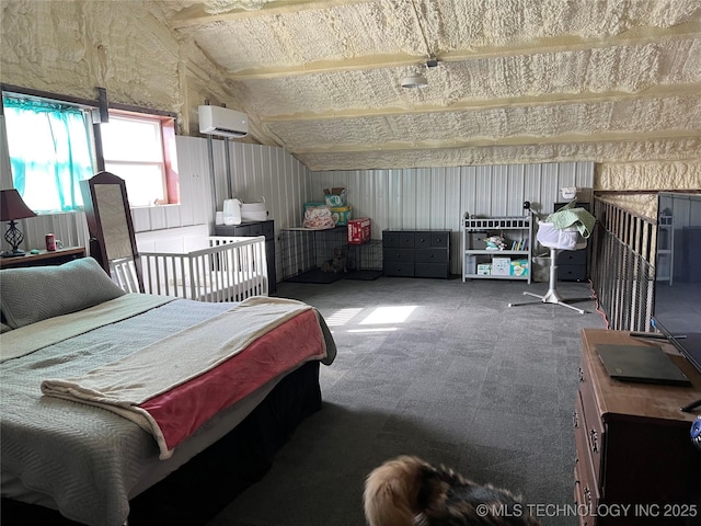 557 High Point Ln, Skiatook, OK 74070 - carpeted bedroom featuring a wall mounted AC and vaulted ceiling