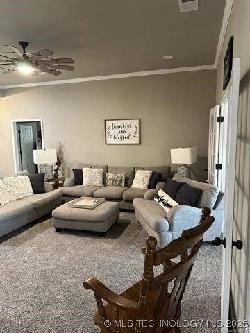 1821 W Lincoln St N, Broken Arrow, OK 74012 - carpeted living area featuring ornamental molding, a ceiling fan, and french doors