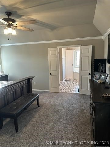 1821 W Lincoln St N, Broken Arrow, OK 74012 - bedroom featuring dark colored carpet, crown molding, ceiling fan, and vaulted ceiling
