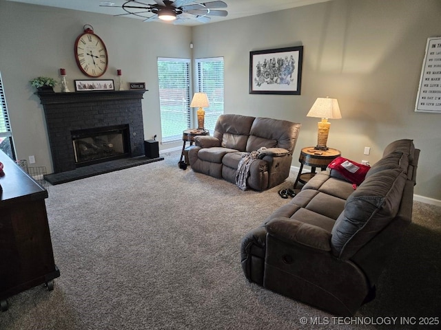 1821 W Lincoln St N, Broken Arrow, OK 74012 - living room with a ceiling fan, carpet, and a fireplace
