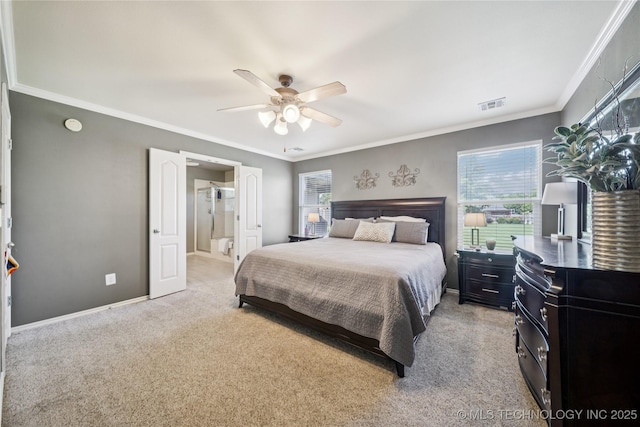 11710 S Willow St, Jenks, OK 74037 - bedroom featuring light carpet, crown molding, a ceiling fan, and ensuite bath