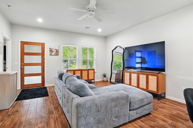 1325 Houston, Durant, OK 74701 - living area with wood finished floors, a ceiling fan, and recessed lighting