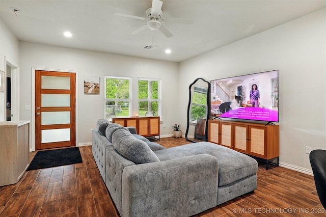 1325 Houston, Durant, OK 74701 - living area featuring dark wood-style floors, a ceiling fan, and recessed lighting