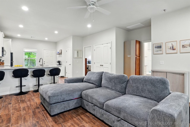1325 Houston, Durant, OK 74701 - living room featuring a ceiling fan, recessed lighting, and dark wood-style flooring