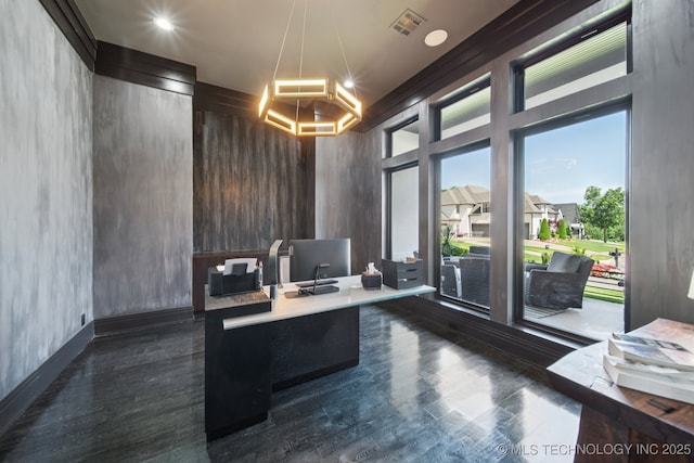 1226 W 109th Pl S, Jenks, OK 74037 - office area featuring dark wood finished floors and a chandelier