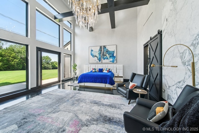 1226 W 109th Pl S, Jenks, OK 74037 - bedroom featuring a towering ceiling, a chandelier, a barn door, access to outside, and beam ceiling
