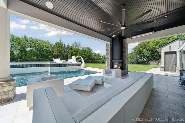 1226 W 109th Pl S, Jenks, OK 74037 - view of patio with a multi sided fireplace, ceiling fan, an outdoor pool, and view of scattered trees