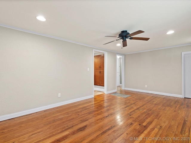 1322 Boundary Ave, Pawhuska, OK 74056 - unfurnished room featuring ceiling fan, ornamental molding, recessed lighting, and light wood-style flooring