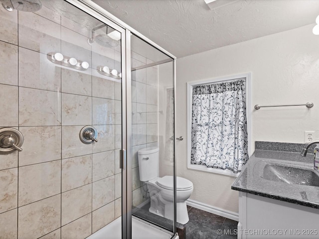 1322 Boundary Ave, Pawhuska, OK 74056 - full bathroom featuring vanity, a shower stall, tile patterned floors, and a textured ceiling