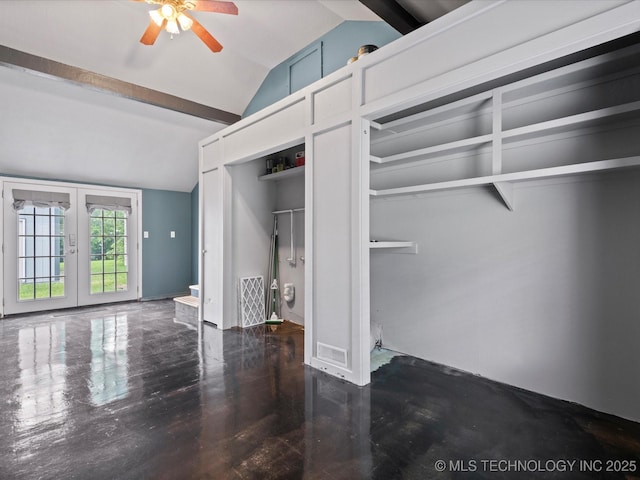 1322 Boundary Ave, Pawhuska, OK 74056 - unfurnished living room featuring ceiling fan, vaulted ceiling, and french doors