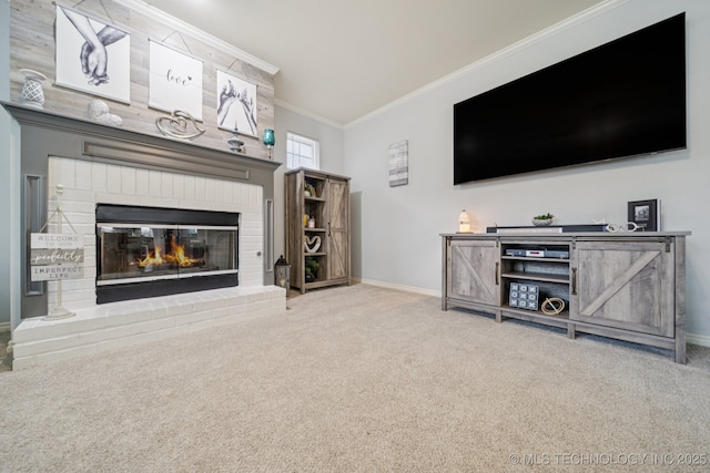 3701 W Dallas St, Broken Arrow, OK 74012 - living area with carpet flooring, crown molding, and a fireplace