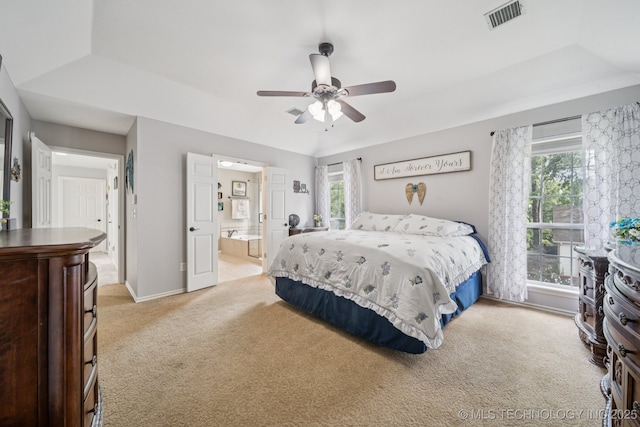3701 W Dallas St, Broken Arrow, OK 74012 - bedroom featuring light carpet, ensuite bath, and ceiling fan
